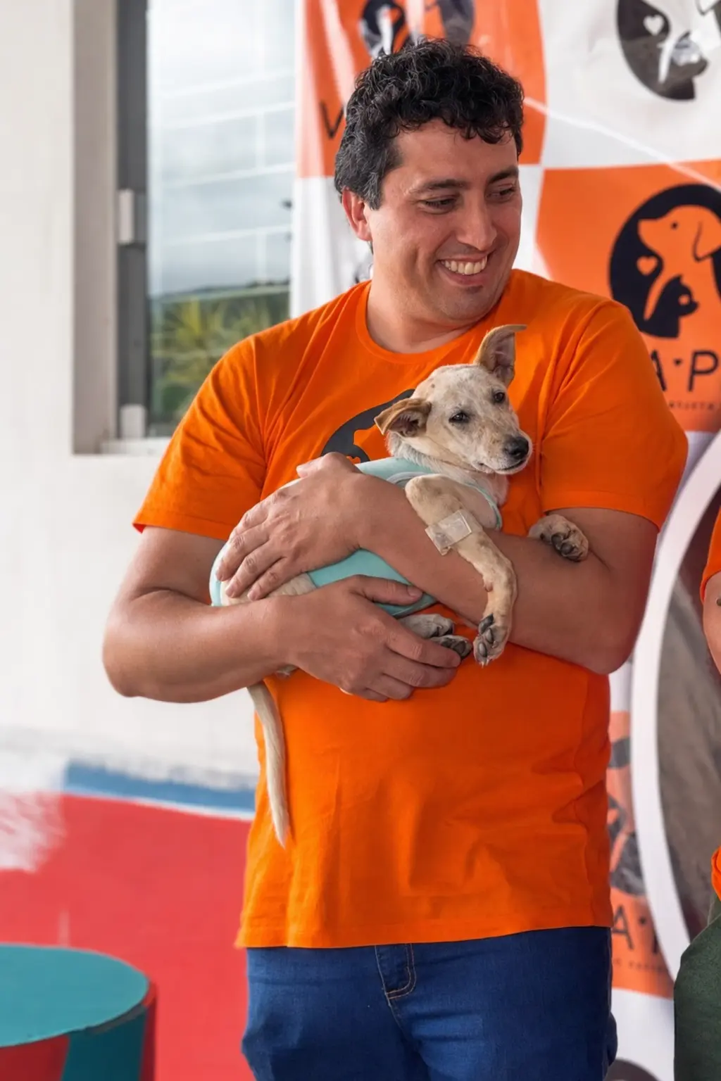 Pessoa acolhendo um cão durante uma ação do Instituto SOS Bicho Urbano